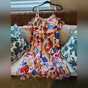 Avenue multi-color off the shoulder, hi-lo dress.